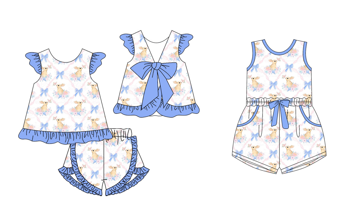 25.12.23 custom each style moq 5 eta 6-8week Sibling Sister bunny bow baby short sleeve shorts sets and jumpsuit match design