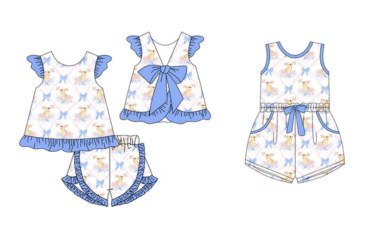 25.12.23 custom each style moq 5 eta 6-8week Sibling Sister bunny bow baby short sleeve shorts sets and jumpsuit match design