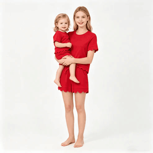 RTS NO MOQ Sibling  Mom And Me Red  Short Sleeve Top With Pockets Scallop Shorts Sets