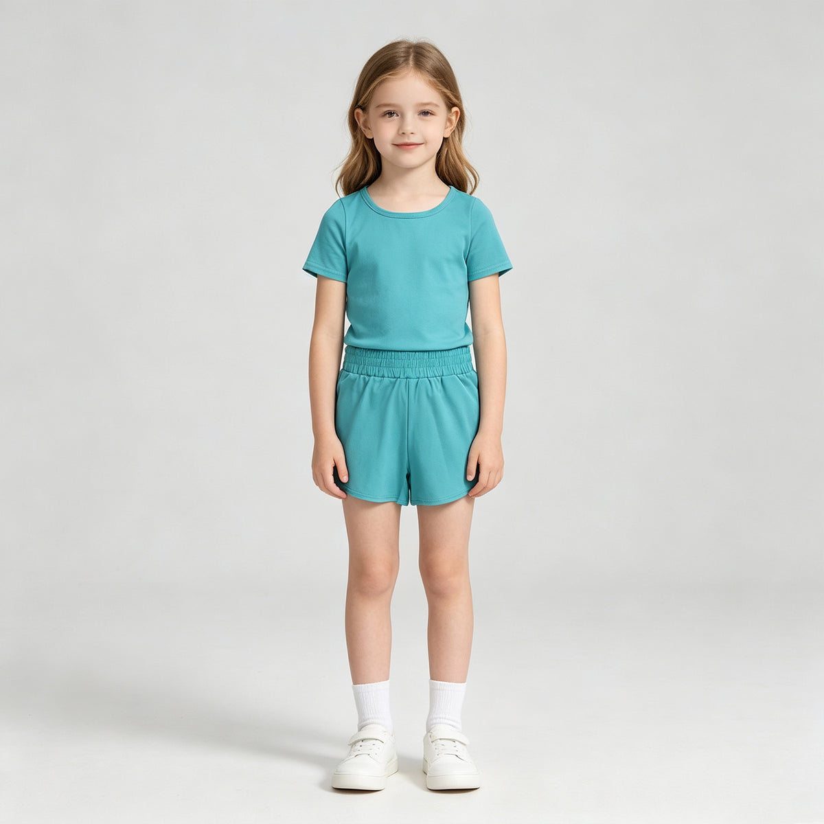 NEW RTS NO MOQ yoga fabric cotton GSSO3768 (GT1637+SS0904) Yoga Baby Girls Blue Short Sleeve Top Sport Shorts Kids Active Outfit