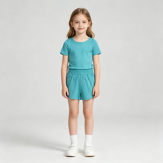 NEW RTS NO MOQ yoga fabric cotton GSSO3768 (GT1637+SS0904) Yoga Baby Girls Blue Short Sleeve Top Sport Shorts Kids Active Outfit