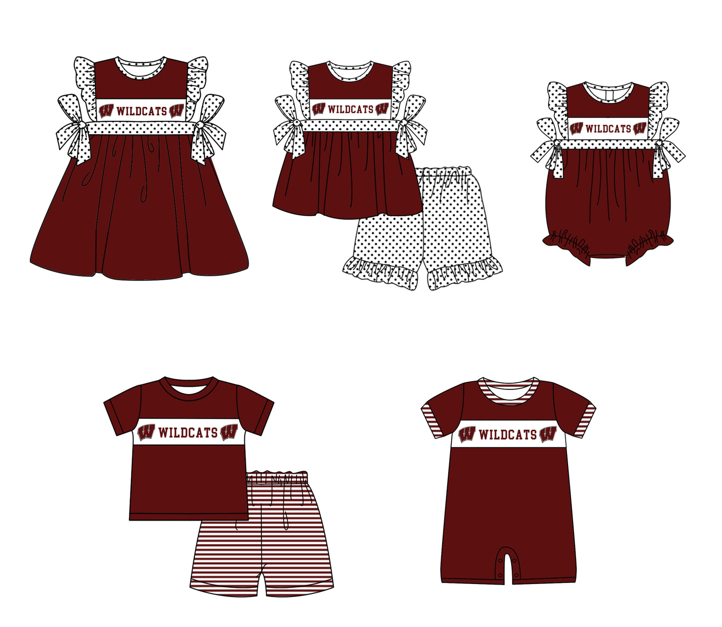 Custom moq 5 mix size milk silk summer teams baby girl boys clothes Dark red short sleeve shorts sets 2  and dress and rompers 2 series