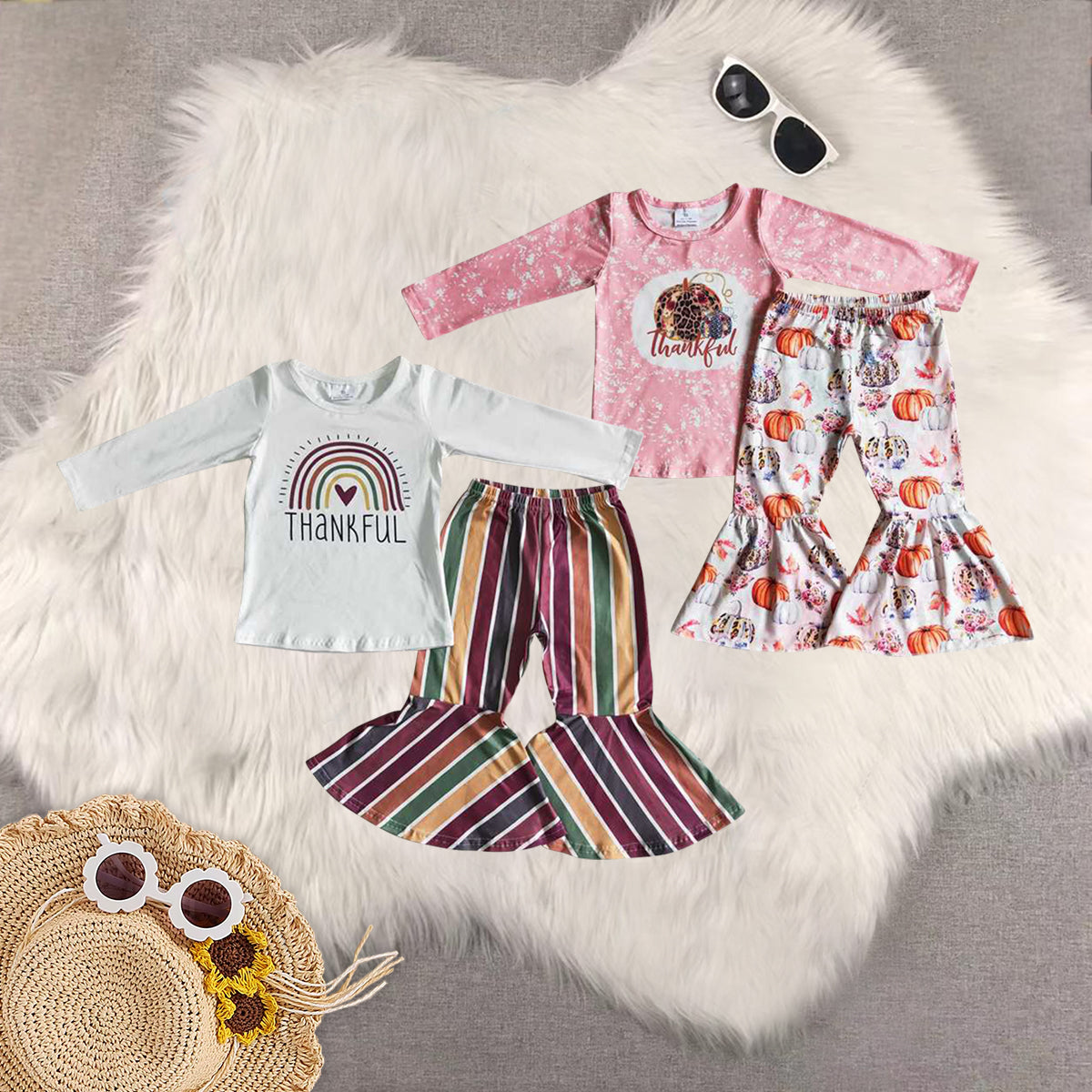 RTS NO MOQ Sibling Baby Girls thankful pumpkin Long Sleeve Pants Set