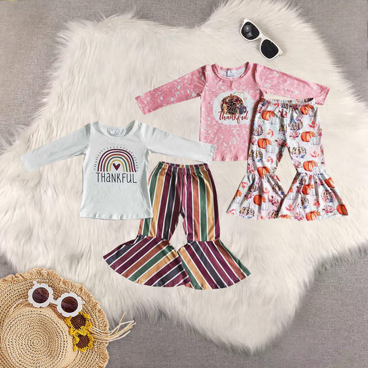 RTS NO MOQ Sibling Baby Girls thankful pumpkin Long Sleeve Pants Set