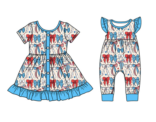 25.12.10 custom each style moq 5 eta 6-8week Sibling Sister bow baby short sleeve romper and dress match design