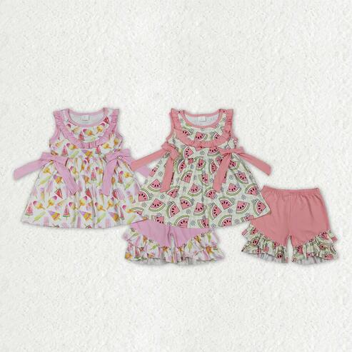 RTS NO MOQ Sibling Baby Girls Sleeveless Print Tunic Top with Ruffle Shorts Outfit Set Cute Summer Clothing
