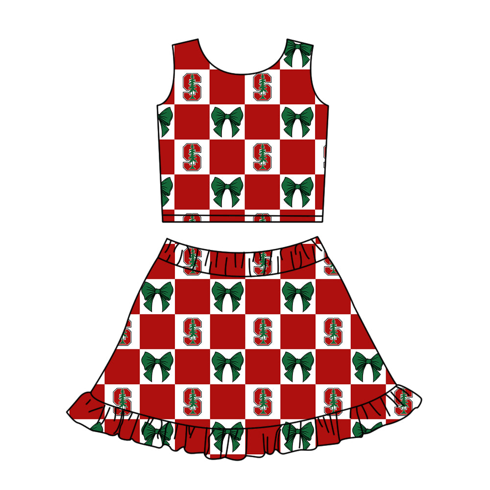 Custom moq 5 mix size Milk silk summer girls' three-piece set with letter bow print plaid sleeveless skirt including a dress and shorts