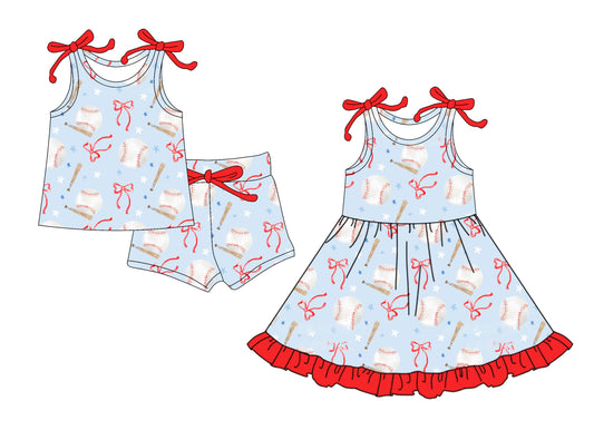 4.12 custom each style moq 5eta 4-6week Sibling Sister baseball bow baby girl short sleeve shorts sets and dresses match design