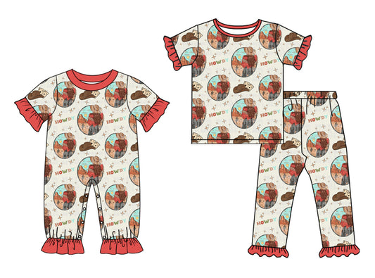 25.10.1 custom each style moq 8 eta 6-8week Sibling Sisters HOWDY baby girl clothes short sleeve pants sets and romper match family design