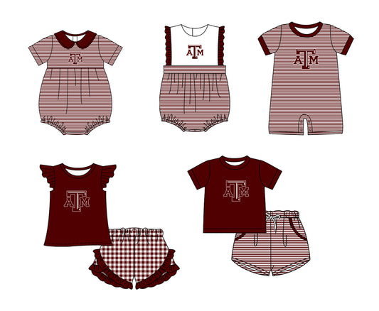 Custom moq 5 mix size milk silk summer teams Baby Boys And Girls Dark Red Short-Sleeved Shirt And Shorts Set Matching Striped Rompers Outfit Set