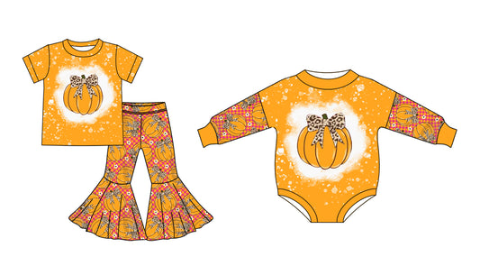 25.5.7 custom each style moq 5eta 4-6week Sibling Sister pumpkin bow baby girl short sleeve pants sets and rompers match family desigm