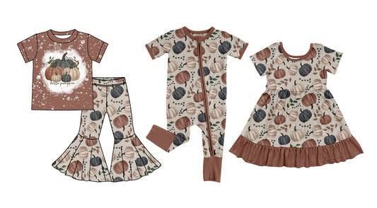 5.5 custom each style moq 5eta 4-6week Sibling Sisters pumpkin baby girl short sleeve pants sets and dress and rompers match family design