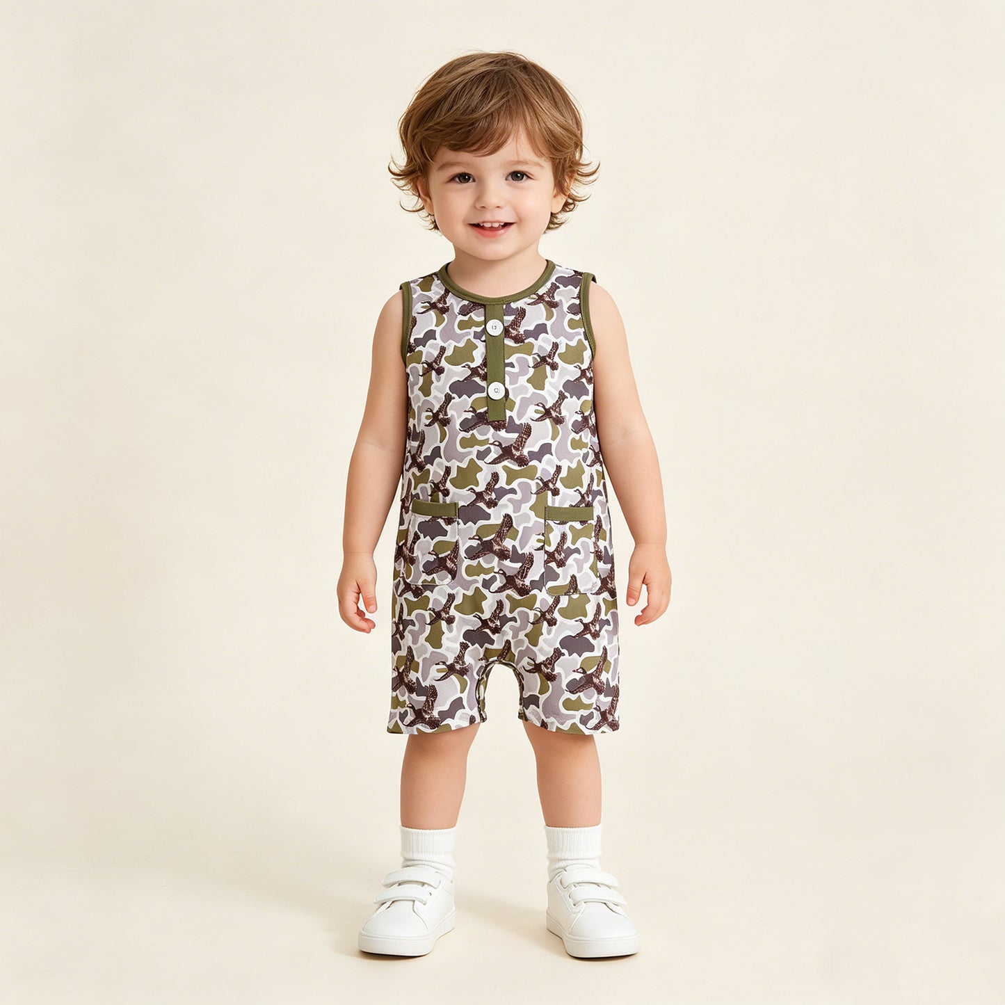 RTS NO MOQ milk silk SR3946 Baby Boys Southern Camo Ducks Pocket Rompers