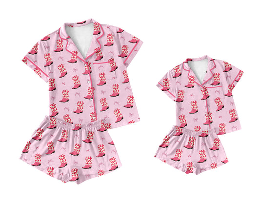 4.9 Custom moq 5 mix size Sibling Mom And Me Pink Short-Sleeved Top And Shorts Pajama Set Summer Sleepwear