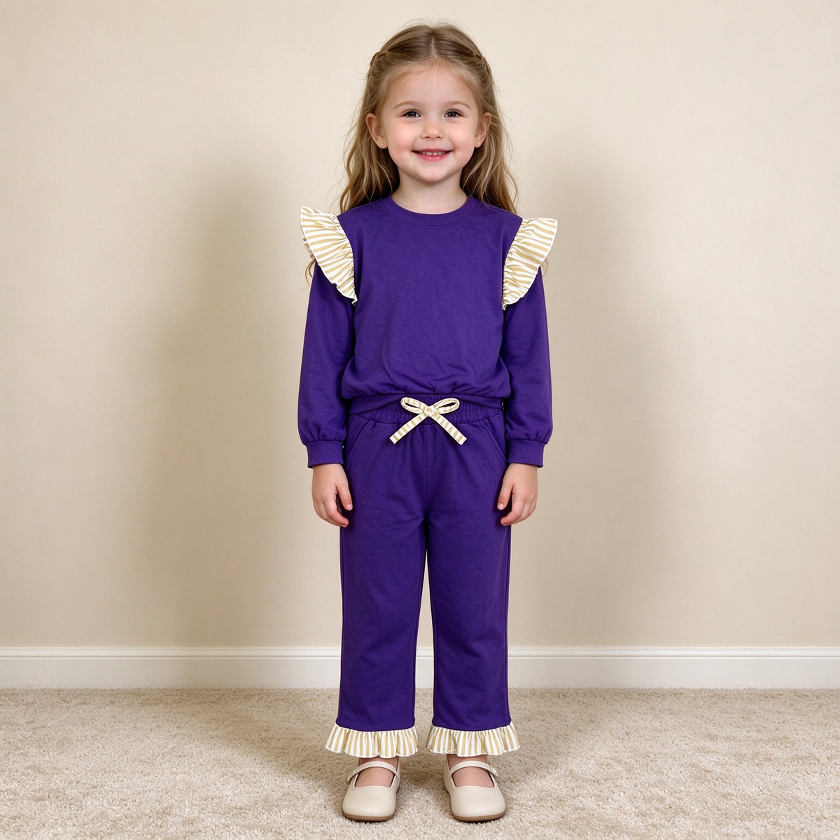 NEW RTS NO MOQ milk silk GT1846+P1155 Baby Girls Purple Khaki Stripe Flutter Sleeve Top Pockets Ruffle Pant Set