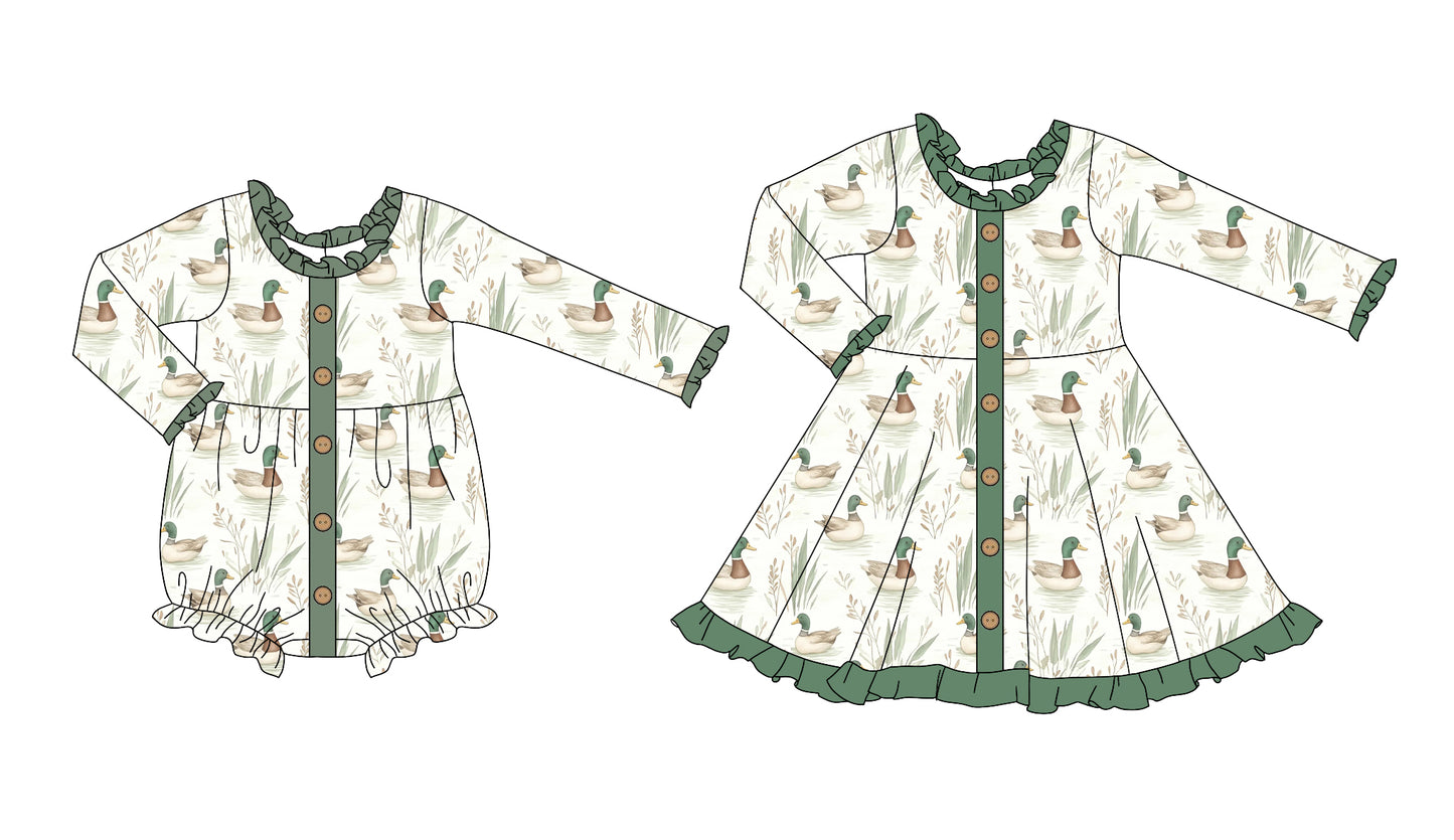25.5.17 custom each style moq 5eta 4-6week Sibling Sisters duck baby girl long sleeve dress and rompers match family design