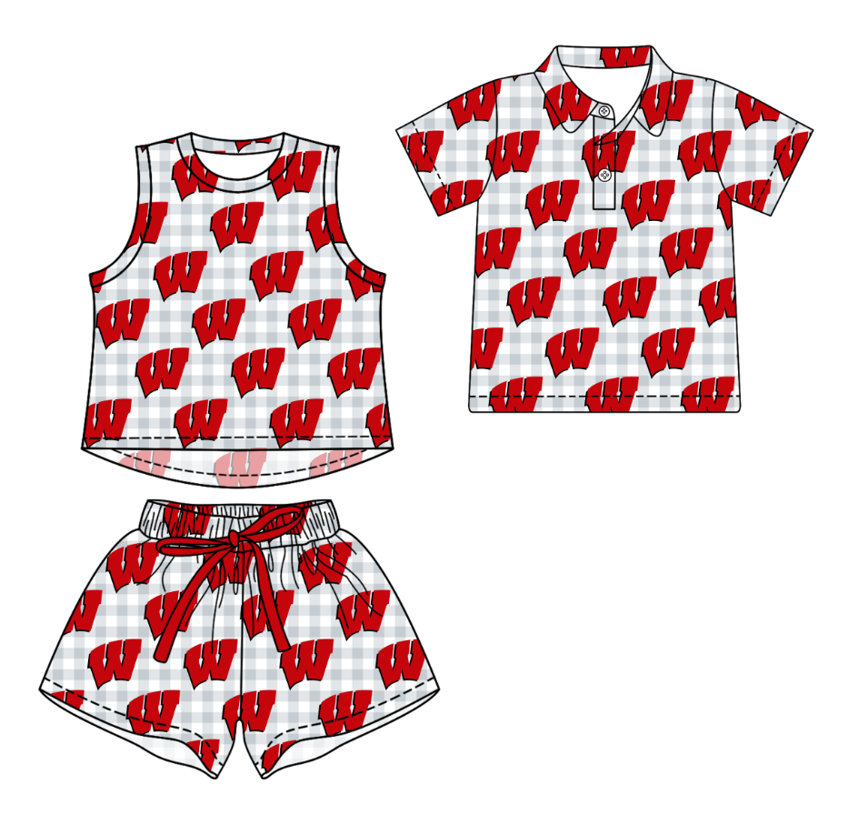 Custom moq 5 mix size milk silk summer teams Girls Sleeveless Grey Checked Top And Short Sets Boys Grey Checked Short Sleeve Button Polo Shirt Top