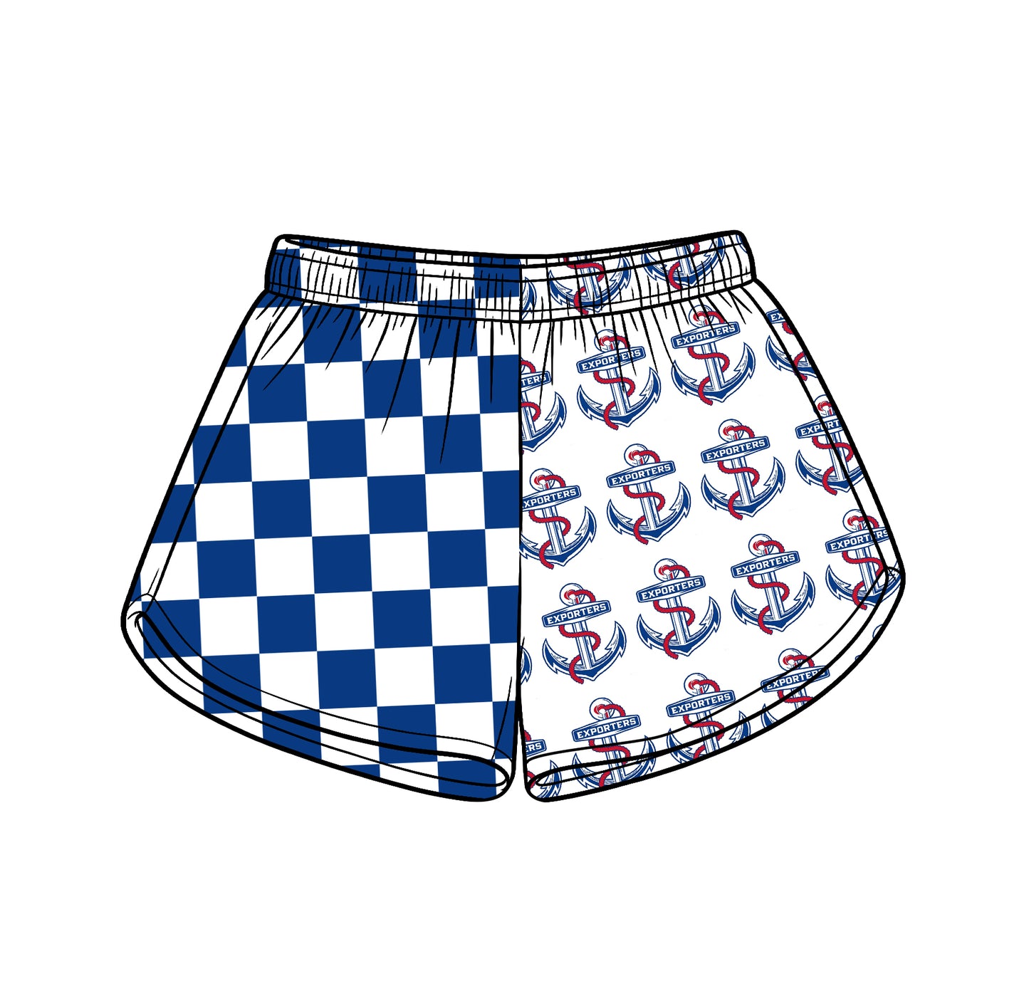 Custom moq 5 mix size milk silk summer teams Adult And Kids Blue Checked Patchwork Summer Casual Shorts