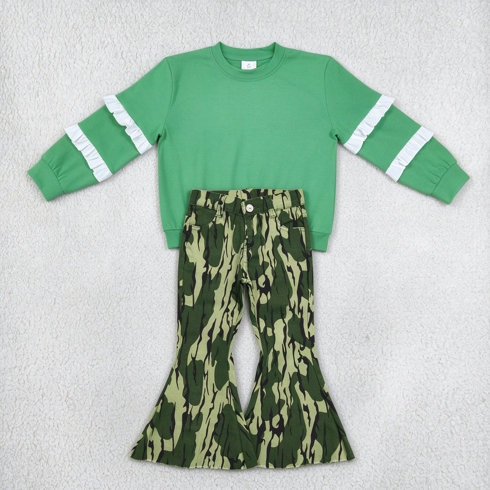 NEW RTS NO MOQ Denim GT1858+ P0372 Baby Girls Green White Patchwork Long Sleeve T-shirts Top Camo Bell Pants Denim Jeans Sets