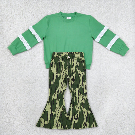 NEW RTS NO MOQ Denim GT1858+ P0372 Baby Girls Green White Patchwork Long Sleeve T-shirts Top Camo Bell Pants Denim Jeans Sets