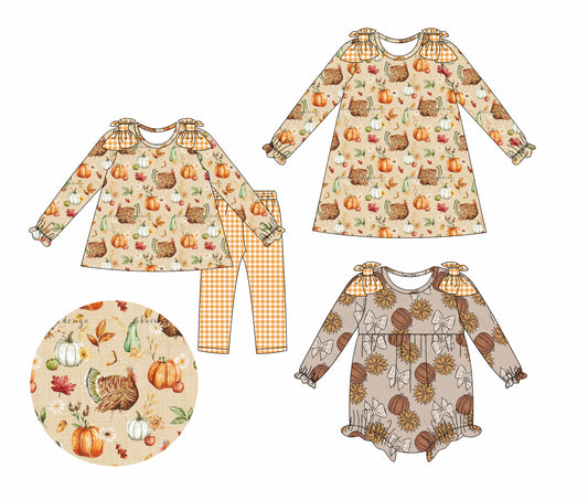 25.7.19 custom each style moq 5eta 4-6week Sibling Sisters pumpkin baby girl long sleeve pants sets and dress and rompers match family design