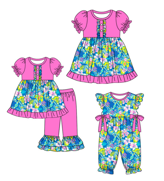 3.12 custom each style moq 5eta 4-6week Sibling Sisters floral baby girl short sleeve pants sets and dress and rompers match family design