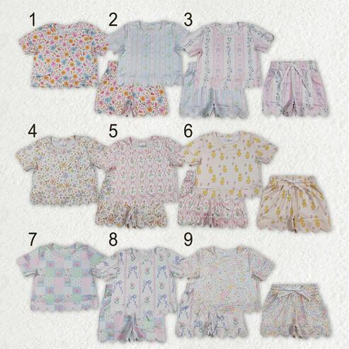 RTS NO MOQ Sibling Baby Girls Colorful Flowers Checked Scallop Top And Shorts Set Cute Outfit
