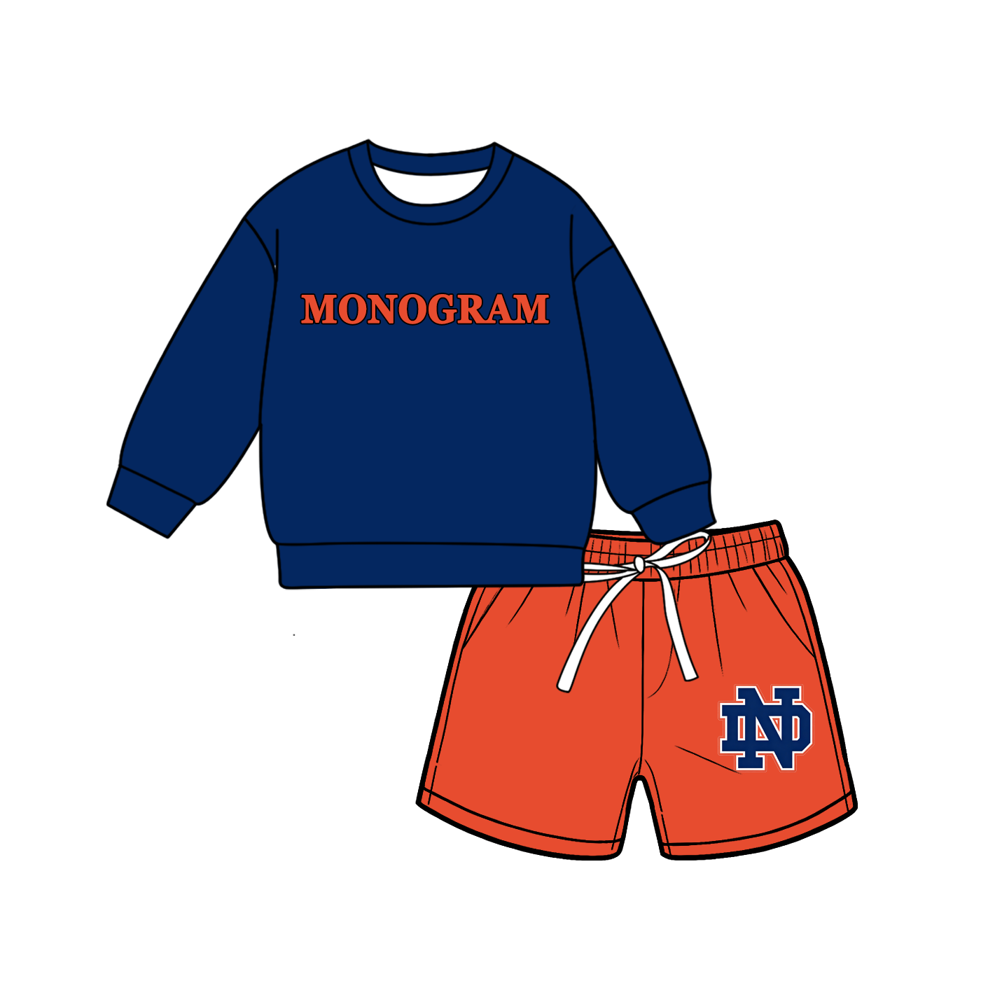 custom moq 5 mix size MSD071103 Baby Kids Letter Printed Long Sleeve Top Drawstring Shorts Team Clothes Set