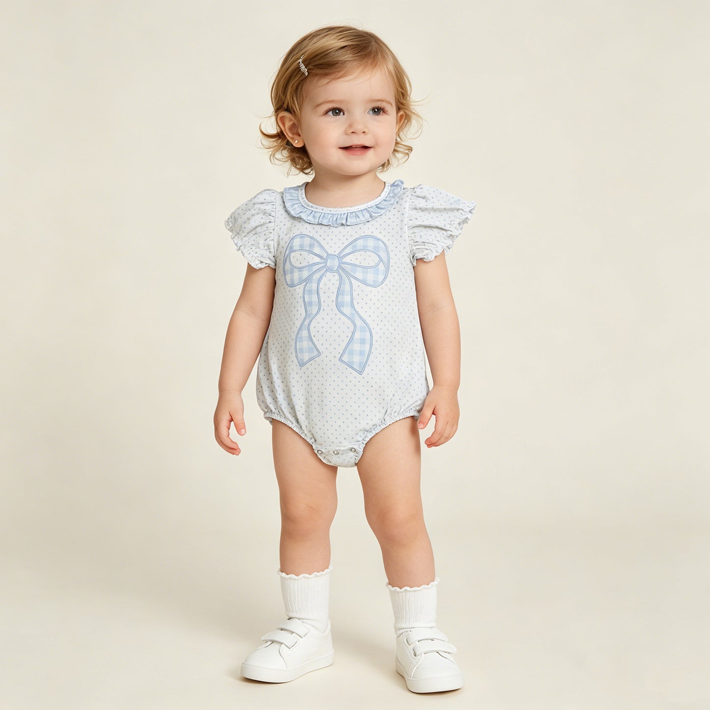 RTS NO MOQ milk silk SR4089 Baby Girls Blue Polka Dot Bow Ruffle Short Sleeve Romper