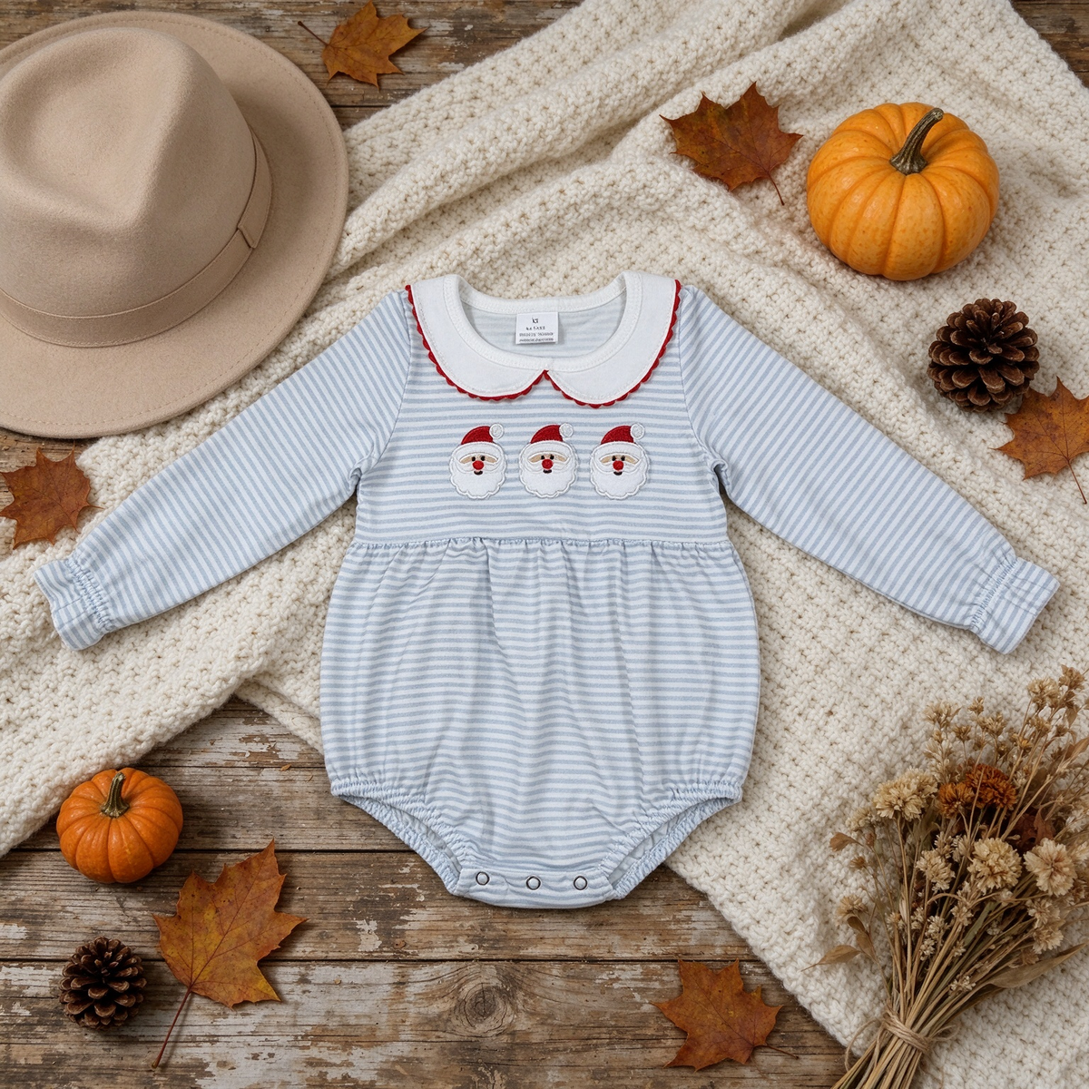 NEW RTS NO MOQ milk silk LR3136 Embroidery Baby Girls Cute Christmas Blue Stripe Santa Print Long Sleeve Ruffle Trim Rompers