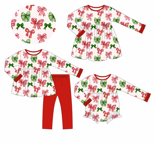 25.6.12 custom each style moq 5eta 4-6week Sibling Sisters Christmas bow red baby girl long sleeve pants sets and dress and rompers match family design