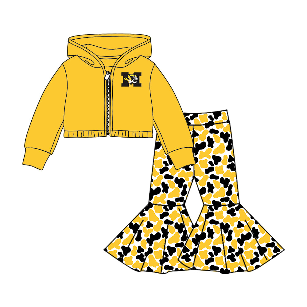 Custom moq 5 mix size milk silk summer teams baby girls clothes camouflage yellow hooded long sleeve pants sets 2 and boy pants sets and pant-25.8.7