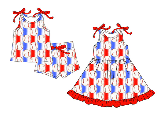 4.4 custom each style moq 5eta 4-6week Sibling Sister baseball baby girl short sleeve shorts sets and dresses match design