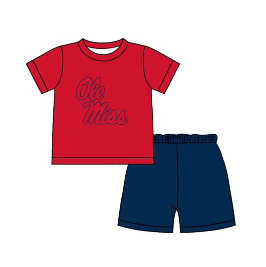 Custom moq 5 mix size milk silk summer teams Baby Boy's  red Short-Sleeved O-Neck Top And solid color Shorts Set
