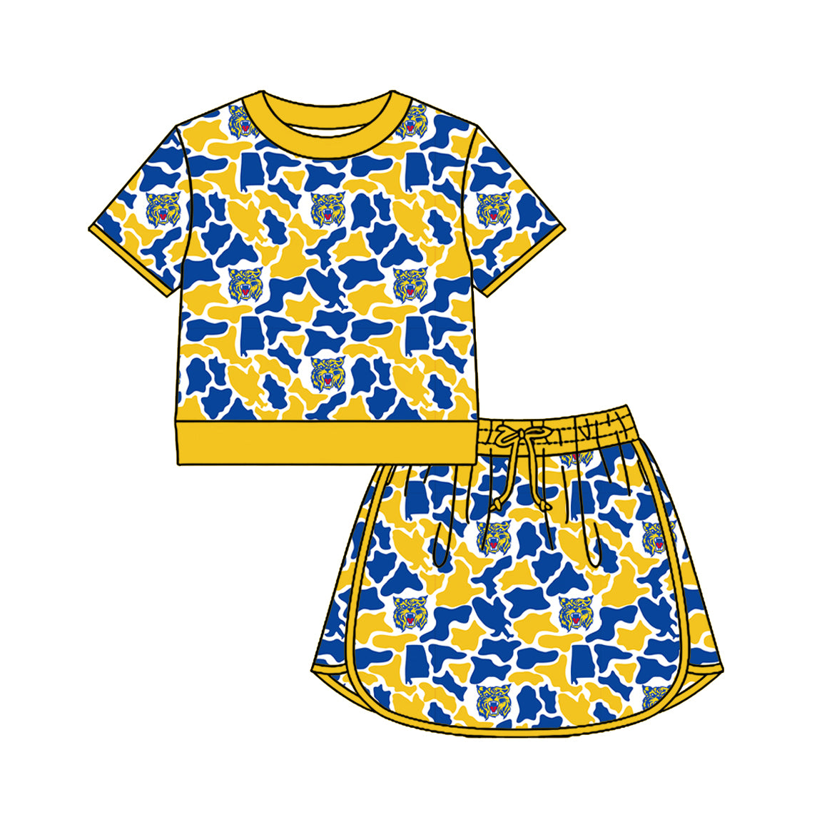 Custom moq 5 mix size summer teams Baby Girls Short Sleeved Camouflage Top And Skirt Set