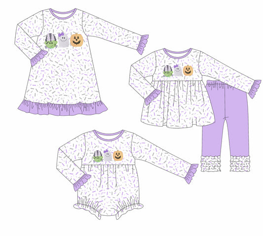 25.7.25 custom each style moq 5eta 4-6week Sibling Sisters ghost purple baby girl long sleeve pants sets and dress and rompers match family design