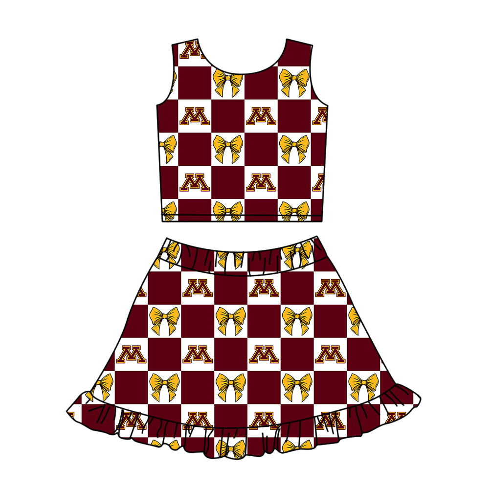 Custom moq 3 or 5 mix size milk silk summer teams baby girl clothes bow dark red sleeveless skirts sets-26.1.22