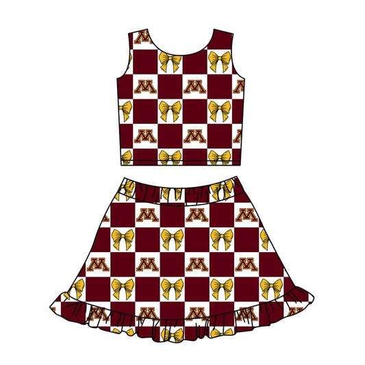 Custom moq 3 or 5 mix size milk silk summer teams baby girl clothes bow dark red sleeveless skirts sets-26.1.22