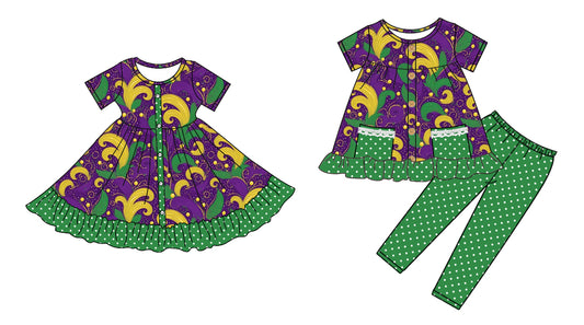 25.9.10 custom each style moq 5eta 4-6week Sibling Sisters mardi gras baby girl short sleeve pants sets and dress match family design
