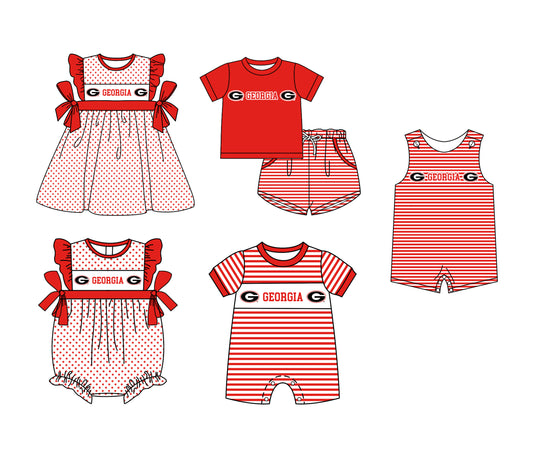 Custom moq 5 mix size milk silk summer teams Boys Short Sleeve Red Top Striped Shorts Set With Matching Romper Girls Flutter Sleeve Polka Dot Dress Romper