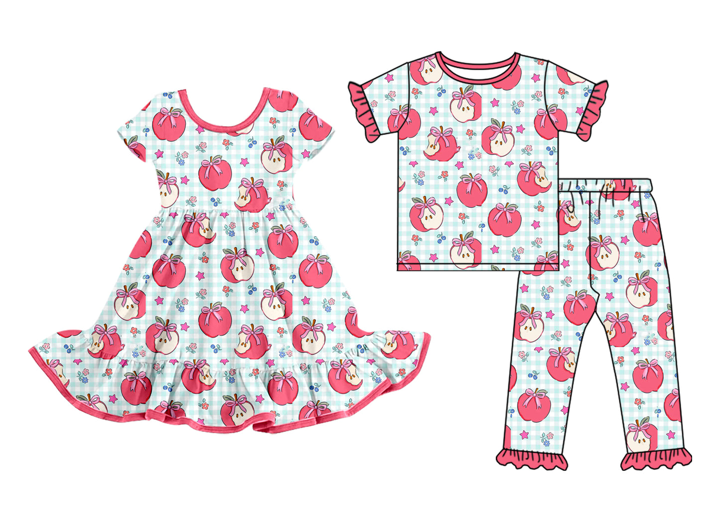 25.12.15 custom each style moq 5 eta 6-8week Sibling Sister apple bow baby short sleeve pants sets and dress match design