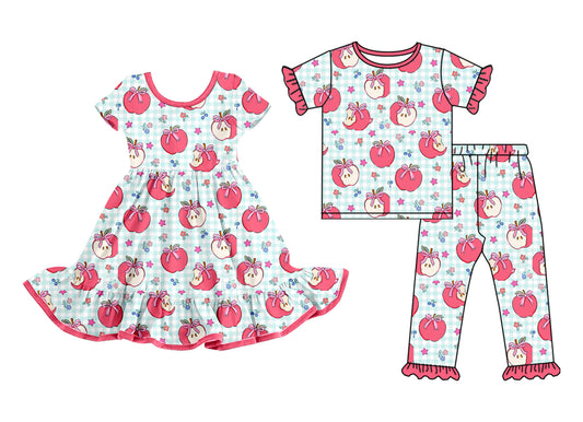 25.12.15 custom each style moq 5 eta 6-8week Sibling Sister apple bow baby short sleeve pants sets and dress match design