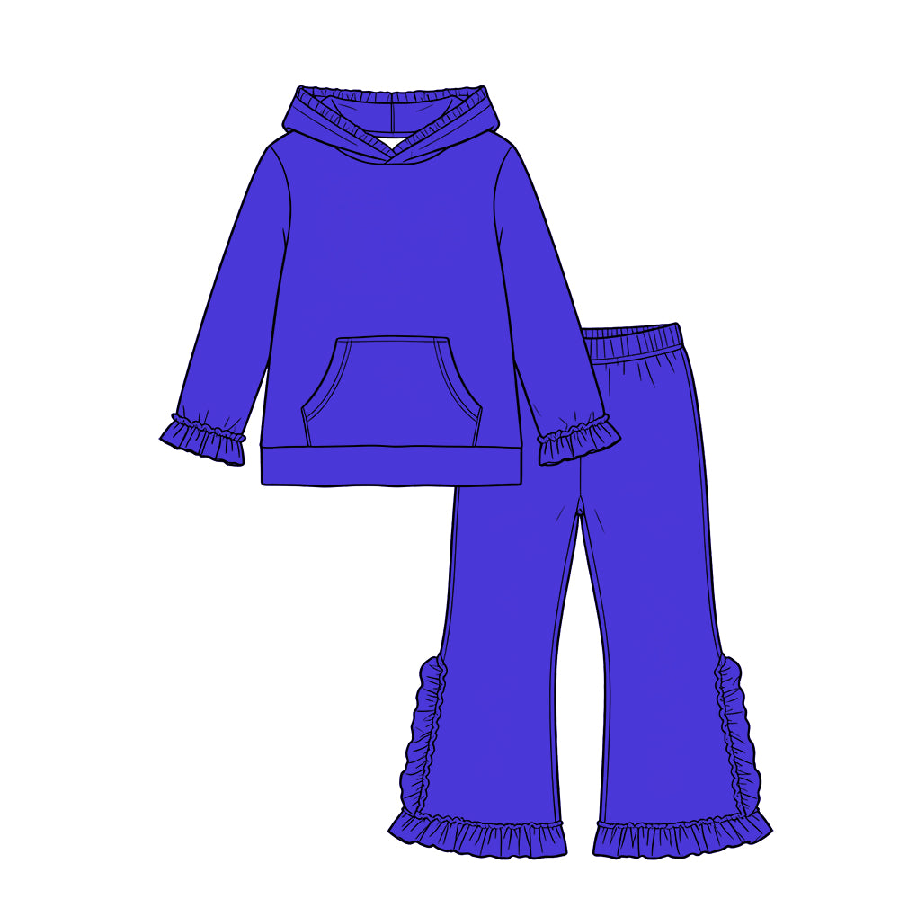 Custom moq 5 girls  Blank Cotton Fabric hooded long-sleeve top and pants set Royal blue long-sleeved, long-trouser set with a hood and lace detailing