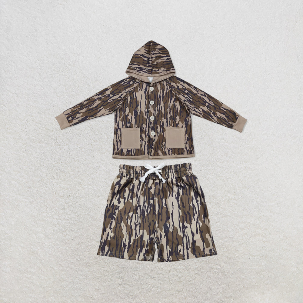 RTS NO MOQ Sibling milk silk Baby Boys Camo Hoodie Top Pocket Shorts Casual Outfit