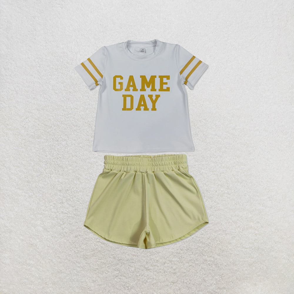 RTS NO MOQ Sibling yoga fabric Baby Girls Vinyl Yellow Game Day Print Top Matching Shorts Two Piece Team Active Clothes Set