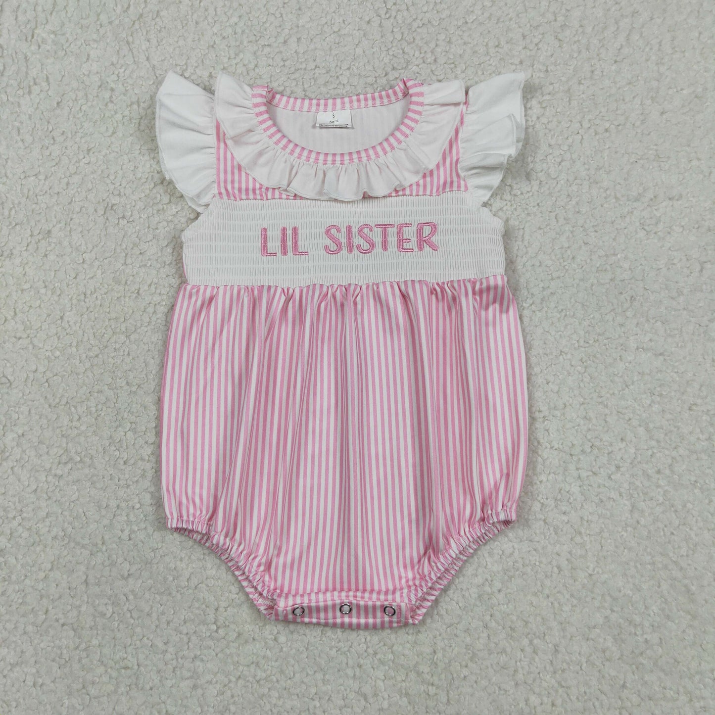 RTS NO MOQ SR3593 Smocked Little Sister Baby Girls Pink Stripe Collar Ruffle Rompers
