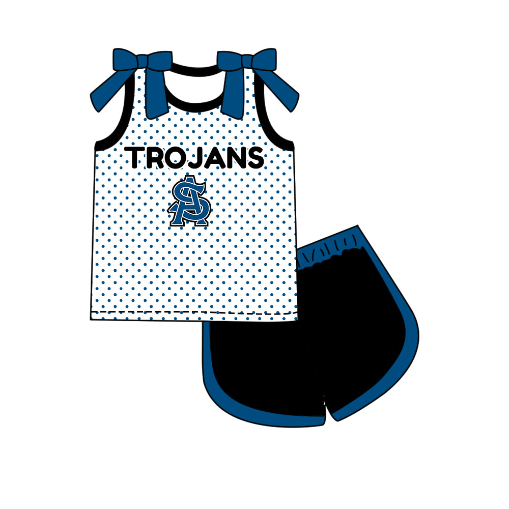 Custom moq 5 mix size milk silk summer teams Girls Polka Dot Top Shorts Set Top Skirt Short Set Blue Zipper Pullover Jogger Pants Set
