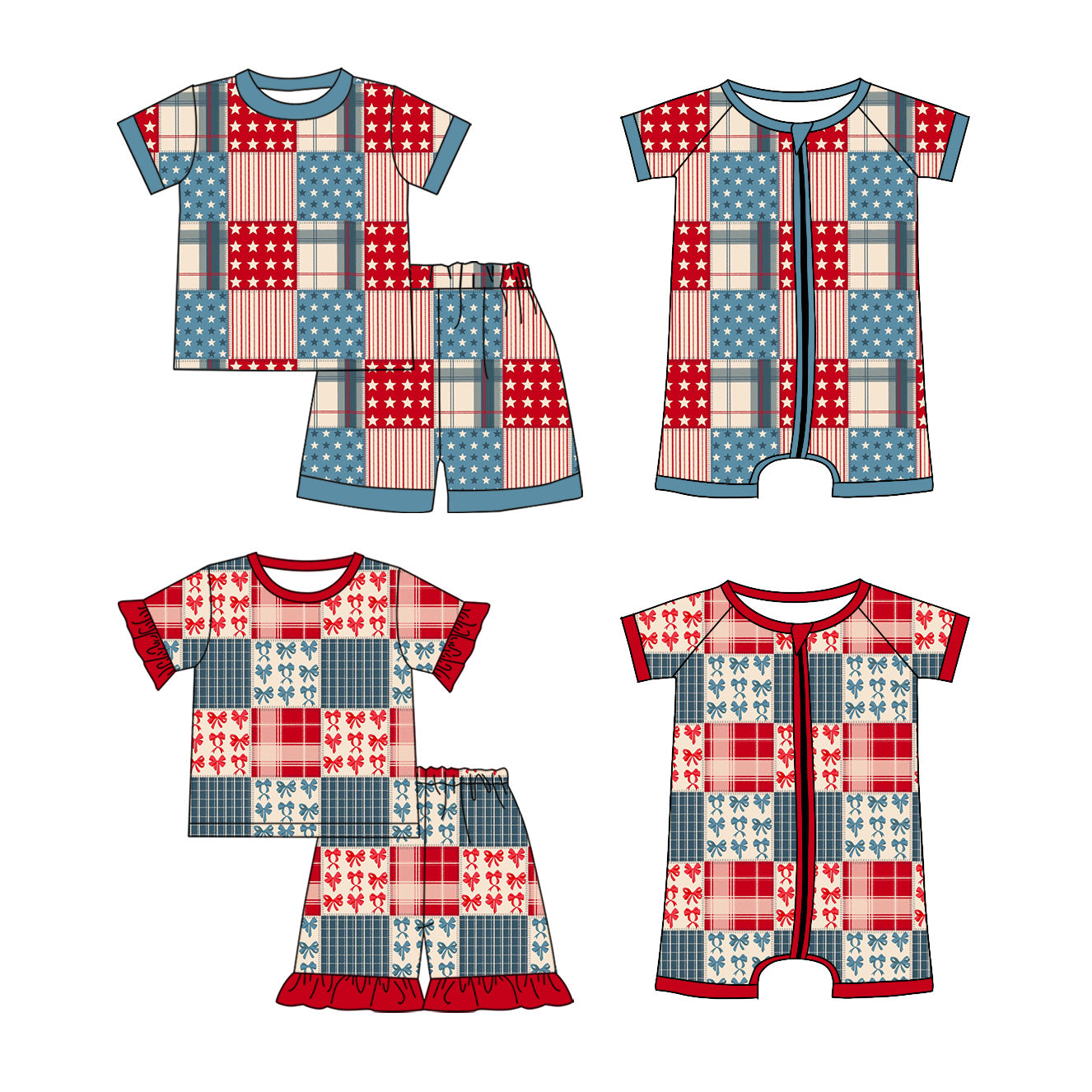 3.24 Custom moq 5 mix size Sibling Baby Boy Girl 4th of July Checked Short-Sleeved Outfit Set Short Sleeve Romper