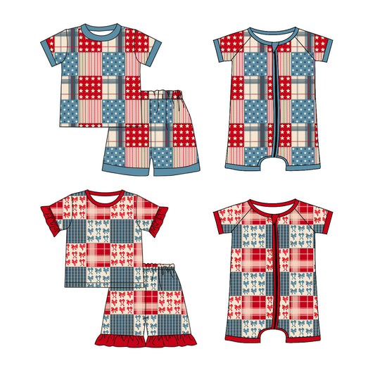 3.24 Custom moq 5 mix size Sibling Baby Boy Girl 4th of July Checked Short-Sleeved Outfit Set Short Sleeve Romper
