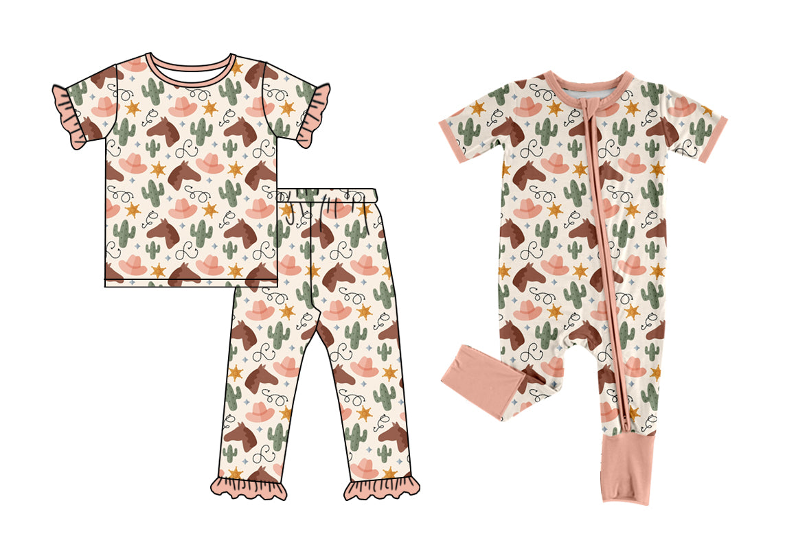 4.1 Custom moq 5 mix size Sibling Baby Girl  Western Cactus Short-Sleeved Pajama Set Short Sleeve Zipper Romper